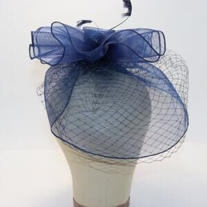 Navy Blue Fascinator Hat Veil Bow Feather Cocktail Wedding Tea Party